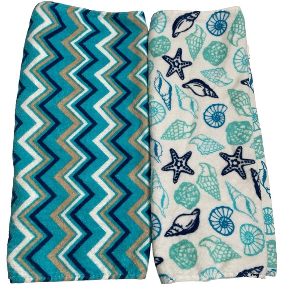 Main Street Tropical Beach House 3 Hand Towel Set Teal White Seashells Bathroom - Picture 2 of 9